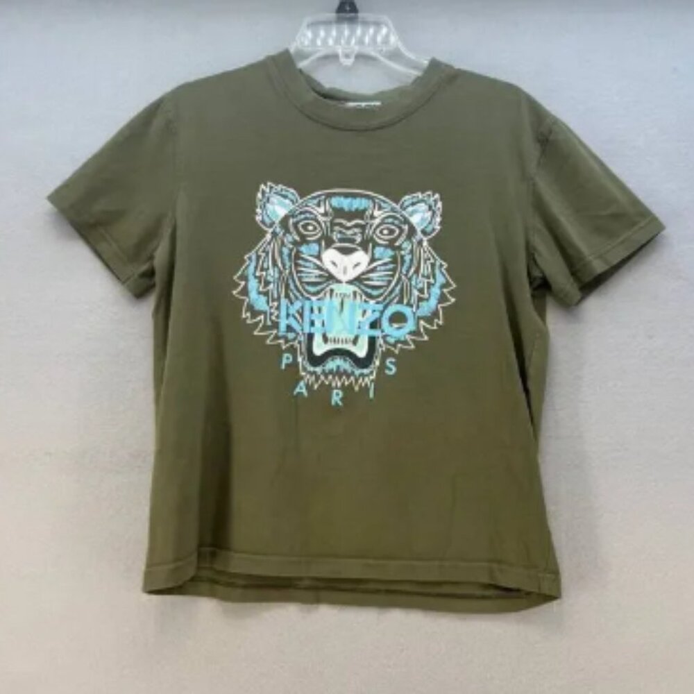 Kenzo Paris T-Shirt Men's Size S-M Olive Green Light Blue Lucky Tiger Luxury